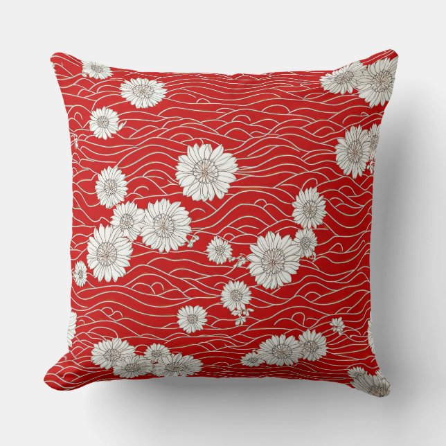 Japanese White Chysanthemums on Red Waves Throw Pillow (Front)