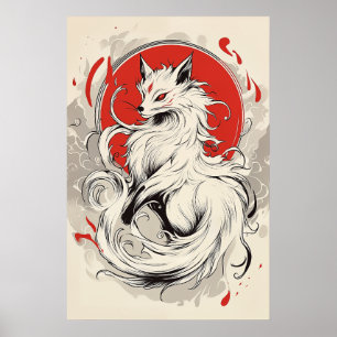 Japanese White Kitsune fox Poster
