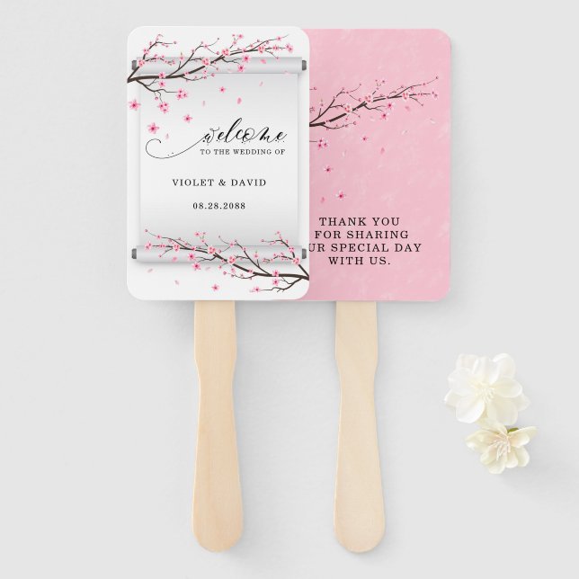 Japanese White Scroll Cherry Blossom Tree Wedding Hand Fan (Front and Back)