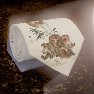 Japanese Wild Monkeys in Nature Beige Tie