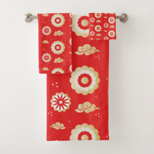 Japanese wind Clouds Red Pattern Bath Towel Set