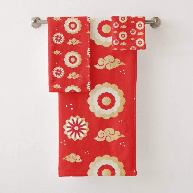 Japanese wind Clouds Red Pattern Bath Towel Set (Insitu)
