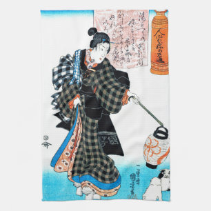 Japanese Woman and Puppies, Kuniyoshi Kitchen Towel