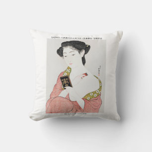 Japanese woman applying powder - Goyō Hashiguchi Throw Pillow