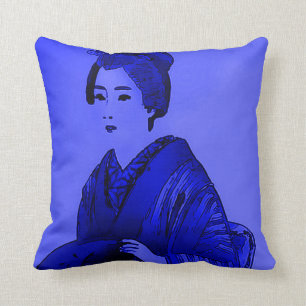 Japanese Woman Blue Pop Art Plush Throw Pillow