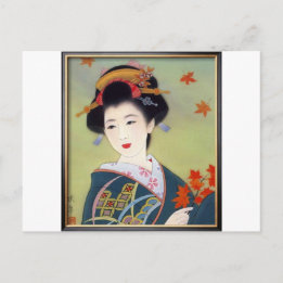 Japanese woman in blue kimono postcard