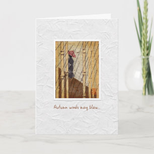 Japanese Woman in Rain "Autumn Winds" Friendship Card