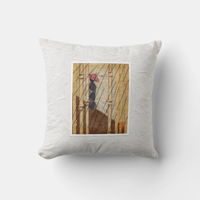 Japanese Woman in Rain Throw Pillow (Front)