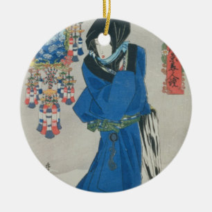 Japanese Woman in the Snow (colour woodblock print Ceramic Ornament