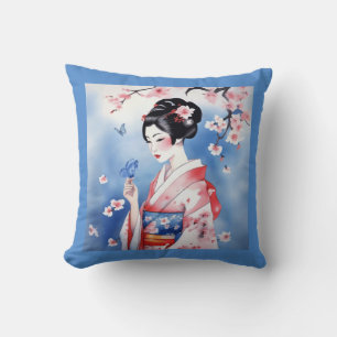Japanese Woman with a Blue Butterfly Throw Pillow