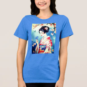Japanese Woman with a Blue Butterfly Tri-Blend Shirt
