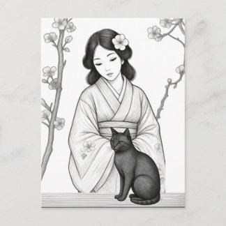 Japanese Woman with Black Cat Postcard