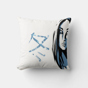 Japanese woman with winter kanji throw pillow