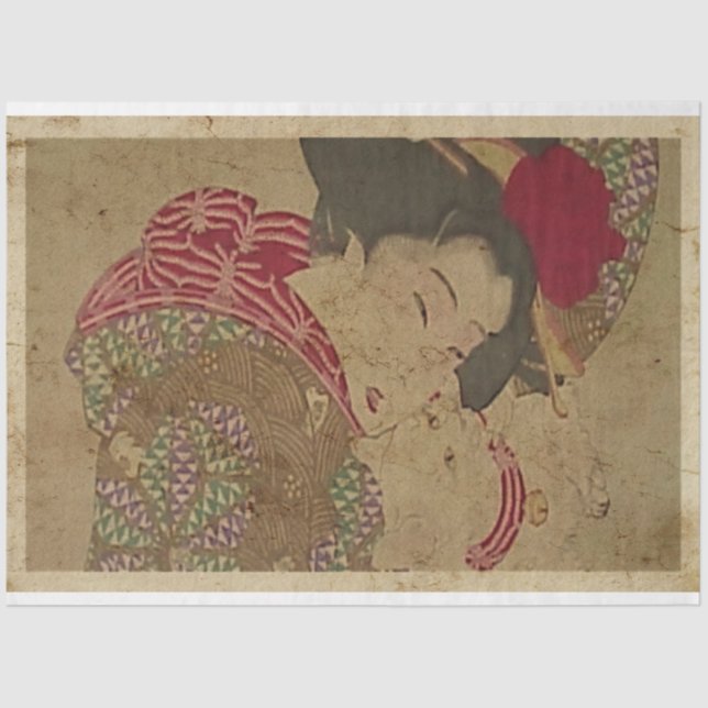Japanese Women With White Cat Ukiyo Style Art No6 Tissue Paper (Front)