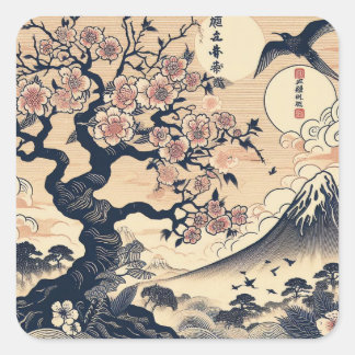 Japanese Woodblock Cherry Blossom Crane Mount Fuji Square Sticker