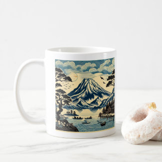 Japanese Woodblock Mount Fuji Lake Boats Pine Tree Coffee Mug