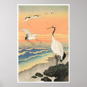 Japanese Woodblock Print Cranes On Seashore Poster