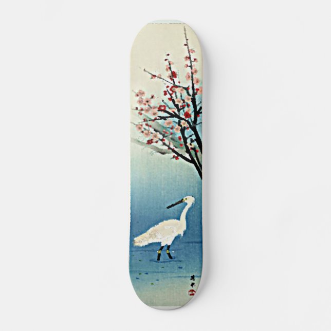 Japanese Woodblock Print Okyo Egret with Plums Ska Skateboard (Front)