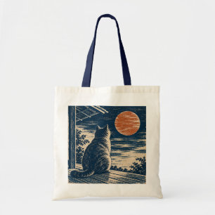 Japanese Woodblock Style Cat Moon Tote Bag Shin-