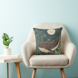 Japanese Woodblock Whale Throw Pillow