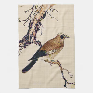 Japanese Woodcut of a Finch, Brown and Beige Kitchen Towel