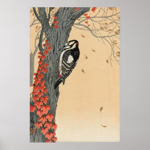 Japanese Woodpecker Art Print  Ohara Koson Red Ivy