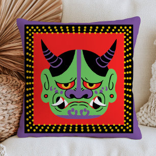 Japanese Yokai Green Kami Mask on Red Maximalist Throw Pillow