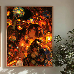 Japanese Yukata Girl, Matsuri Lantern Art Poster