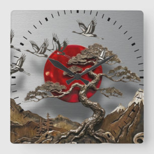 Japanese Zen Bonsai & Red Sun Acrylic Wall Clock