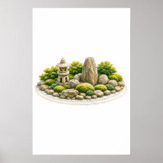 Japanese Zen Garden with Stone Lantern and Rock Poster