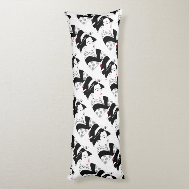 Japon Belle femme Geisha Coussin noir blanc (Dos (Vertical))