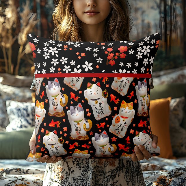 Japonais Chat Chat Rouge Noir Coussin Japonais Déc (Créateur téléchargé)