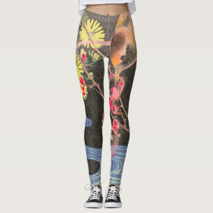 JAPONAIS WOODBLOCK IMPRIMER Leggings OISEAU ET FLU