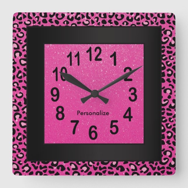 Jaquar Animal Print with Hot Pink and Black Square Wall Clock (Front)