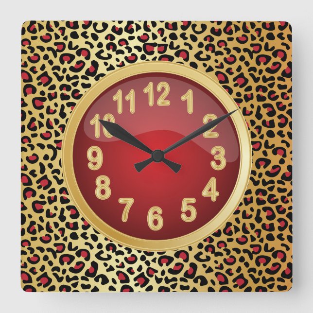 Jaquar Animal Print with Red and Gold Square Wall Clock (Front)
