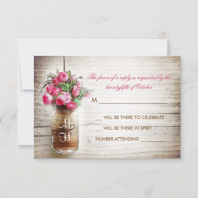 Jar Mason et fleurs roses mariage carte RSVP (Devant)