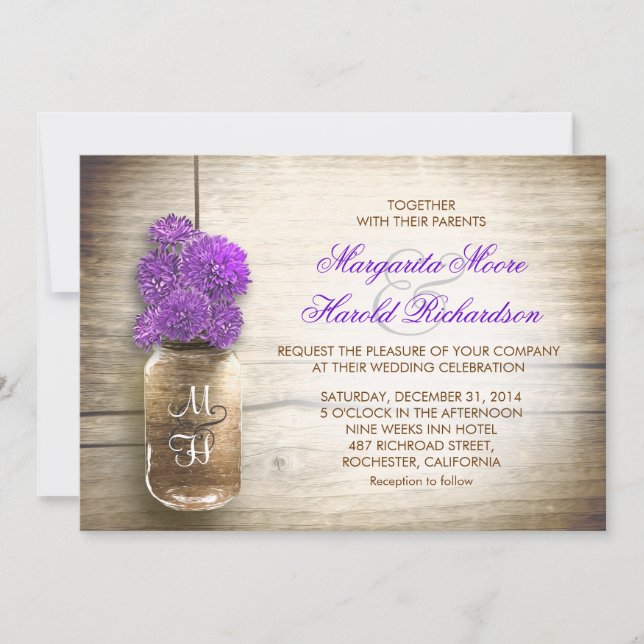 Jar Mason et fleurs violettes invitations mariage (Devant)