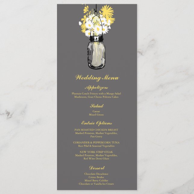 Jar Mason gris, blanc et jaune | Menu de mariage (Devant)