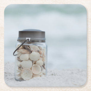 Jar Of Seashells On The Beach   Florida Square Paper Coaster