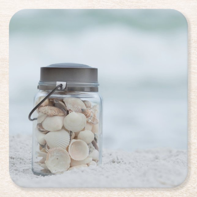 Jar Of Seashells On The Beach | Florida Square Paper Coaster (Front)
