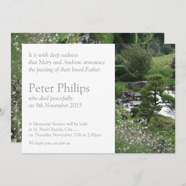 Jardin 3 avec Cats Memorial Funérailles Faire-part (Devant / Derrière)