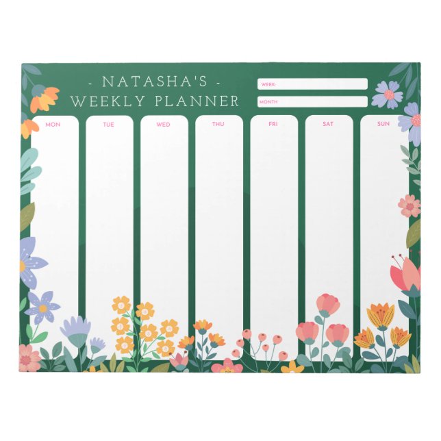 Jardin animé Floral Weekly Planner Bloc-notes vert (Devant)