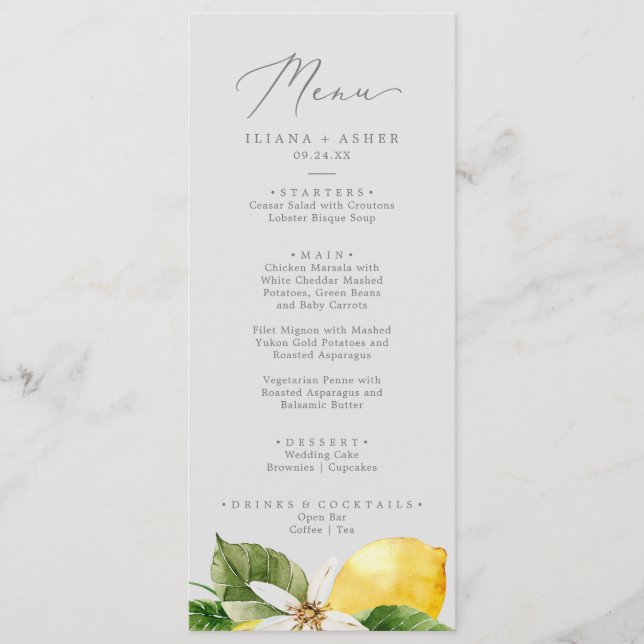 Jardin de citron moderne | Menu Dîner Mariage gris (Devant)