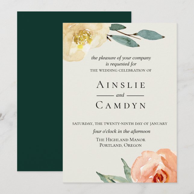 Jardin De Fleurs Emerald Wedding Invitation (Front/Back)