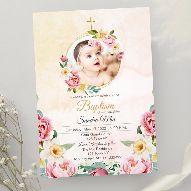 Jardin de fleurs rose douce Invitation Baptême (Sweet Yellow-pink Flower Garden Baptism Invitation)