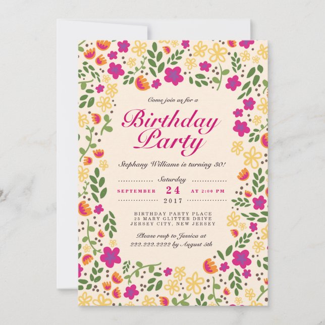 Jardin de fleurs roses Whimsy Invitation d'anniver (Devant)