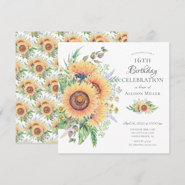 Jardin de tournesol Invitation 16e anniversaire (Devant / Derrière)