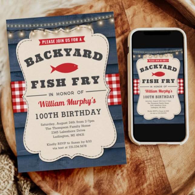 Jardin Fish Fry 100e anniversaire Invitation (Backyard Fish Fry 100th Birthday Invitation)