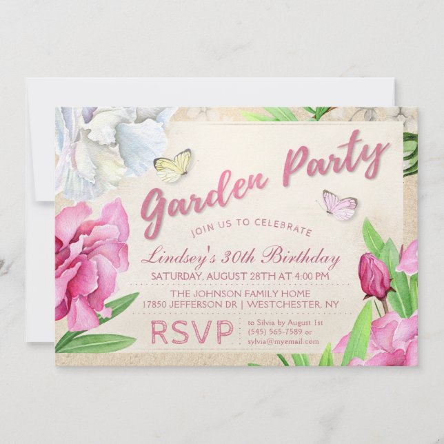 Jardin Fleur rose avec papillons Invitation (Devant)