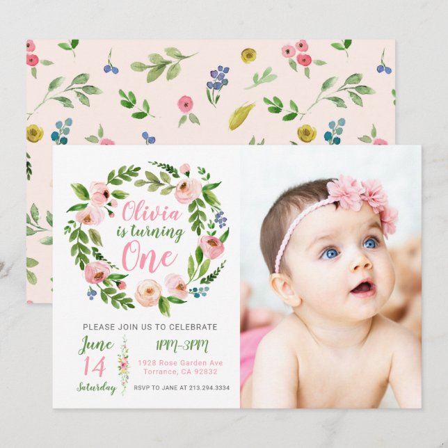 Jardin floral 1er anniversaire Invitation fille ph (Devant / Derrière)